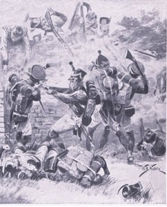 Der Angriff auf die Mauer bei Hougomont: Waterloo 1815, Illustration aus British Battles on Land and Sea, 1915 von William Barnes Wollen