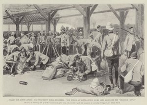 Truppen für Südafrika, 7. Abteilung der Royal Engineers aus Dublin, an den Docks von Southampton neben der Braemar Castle von William Barnes Wollen