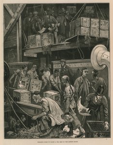 Ladung auf einem Teeschiff in den Londoner Docks brechen (Stich)