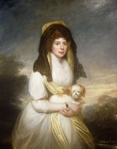 Porträt von Königin Charlotte, Dreiviertellänge, in einem weißen Kleid, einem gelben Schal und einer schwarzen Mantilla, einen Malteserhund haltend, im Garten von Frogmore House von William Beechey