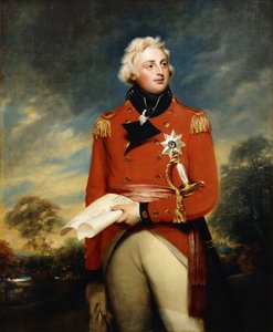 Porträt von William Frederick, 2. Herzog von Gloucester, Dreiviertellänge, in der Uniform des Oberst der 3. Garde und mit dem Bruststern des Hosenbandordens, einen Feldzugsplan haltend, in einer bewaldeten Landschaft von William Beechey