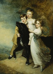 Drei Kinder mit einem Hund in einer Landschaft von William Beechey