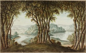 Flusslandschaft durch Bäume gesehen
