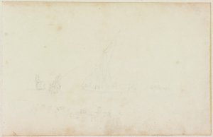 Skizze eines Ruderbootes und Reiters mit Pferdelinie