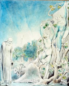 Comus trifft einen der Brüder, der beschäftigt ist, Früchte zu pflücken, um Lady zu füttern von William Blake
