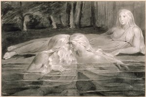 Har und Heva beim Baden, Mnetha schaut zu, ca. 1785-89 (Pinsel, Tinte und Waschung auf Papier) von William Blake