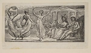 Menalcus beobachtet tanzende Frauen, aus Thorntons Pastorals of Virgil, 1821 von William Blake
