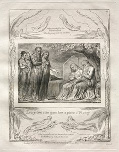 Das Buch Hiob: Pl. 19, Jeder gab ihm auch ein Stück Geld, 1825 von William Blake