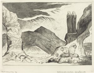 Der Kreis der Fälscher; Dante und Virgil halten sich wegen des Gestanks die Nasen zu von William Blake
