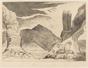 Der Kreis der Fälscher; Dante und Virgil halten sich wegen des Gestanks die Nasen zu von William Blake