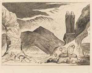 Der Kreis der Fälscher; Dante und Virgil halten sich wegen des Gestanks die Nasen zu von William Blake
