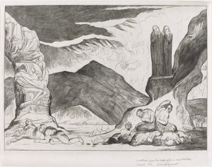 Der Kreis der Fälscher; Dante und Virgil halten sich wegen des Gestanks die Nasen zu von William Blake