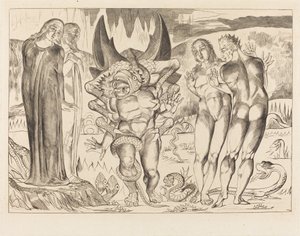 Der Kreis der Diebe; Agnolo Brunelleschi wird von einer sechsfingrigen Schlange angegriffen von William Blake