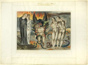 Der Kreis der Diebe; Agnolo Brunelleschi von einer sechsfingrigen Schlange angegriffen. Inferno, Gesang XXV von William Blake
