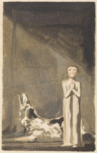 Das erste Buch Urizen, Tafel 24, Ein Junge in einem langen Kleid, der mit gefalteten Händen rechts von einem Hund steht von William Blake