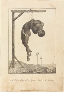 Ein lebendig an den Rippen aufgehängter Neger an einem Galgen
