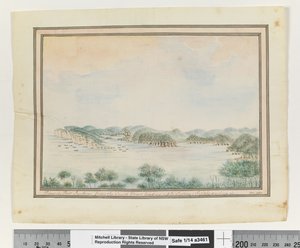Gegenüber S. 123. `Blick auf Port Jackson vom South Head in Richtung Sydney; Supply segelt ein.