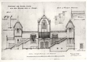 Details der Eingänge, Treppen, Ofenkammer-Tür und Handläufe, (New Big School), Rugby School, 1844 von William Butterfield