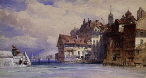 Alte Häuser am Rhoneufer in Genf, 1856 von William Callow