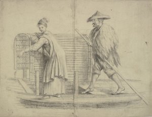 Chinesische Szene. Mann und Frau auf einem Flussboot
