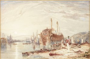 Hulk im Hafen von Falmouth (Aquarell (mit Weiß gehöht) auf Papier) von Clarkson Frederick Stanfield