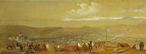 Die Krim: Panoramablick auf Sewastopol mit den Militärlagern und dem Hafen; und ein Panoramablick auf Inkerman mit einem Militärlager und Kavallerie bei Sonnenaufgang von William Crimea Simpson