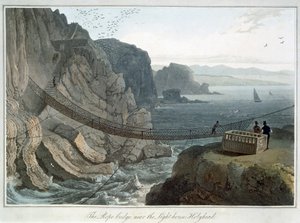 Die Hängebrücke in der Nähe des Leuchtturms, Holyhead, Anglesey, Wales, 1829 von William Daniell