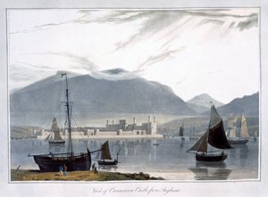 Ansicht von Caernarvon Castle von Anglesea, Wales, 1814 von William Daniell