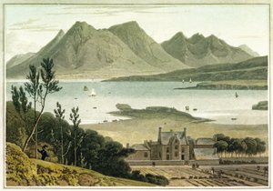 Westansicht von der Insel Raasay (Schottland), mit Beschreibung eines großen Gebäudes und seiner angrenzenden Gärten. Farbradierung von William Daniell (1769-1837)