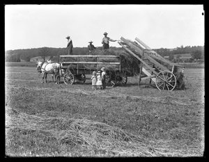 Landarbeiter laden Heu auf einen pferdegezogenen Heuwagen, während drei Kinder zuschauen, McCready Farm, Crawford County, Pennsylvania, ca. 1913