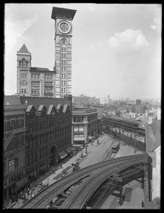 Blick von oben auf die Kreuzung von Flatbush Avenue und Fulton Street, Brooklyn, New York, 5. September 1914