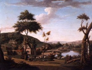 Flusslandschaft mit Figuren vor einem Cottage von William Deas
