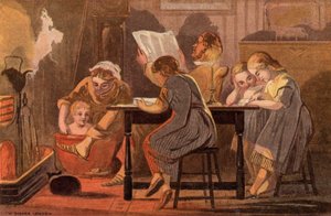 Samstagabend: eine Familie liest und unterhält sich am Abend