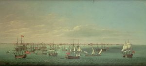Britische, französische, portugiesische und spanische Handelsschiffe und Kriegsschiffe vor Cádiz von William Dixon