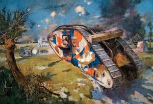 Getarnter britischer Mk IV-Panzer im Einsatz gegen einen deutschen Panzer im Ersten Weltkrieg, Illustration veröffentlicht in 