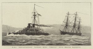 HMS Devastation schleppt HMS Thetis in den Hafen von Malta von William Edward Atkins