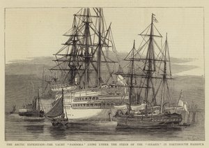 Die Arktisexpedition, die Yacht Pandora unter dem Heck der Serapis im Hafen von Portsmouth von William Edward Atkins