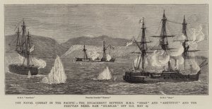 Das Seeschlacht im Pazifik, das Gefecht zwischen HMS Shah und Amethyst und dem peruanischen Rebellen-Ram Huascar vor Ilo, 29. Mai von William Edward Atkins