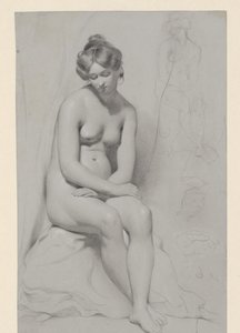 Sitzendes nacktes weibliches Modell mit hoher Frisur, daneben nochmals skizziert von William Etty