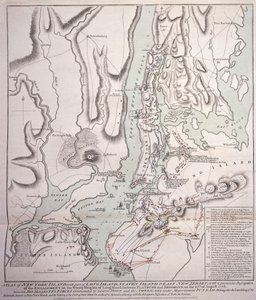 Plan der Insel New York mit einem Teil von Long Island, Staten Island und Ost-New Jersey und dem Gefecht auf den bewaldeten Höhen von Long Island zwischen den britischen Streitkräften unter dem Kommando von General Sir William Howe