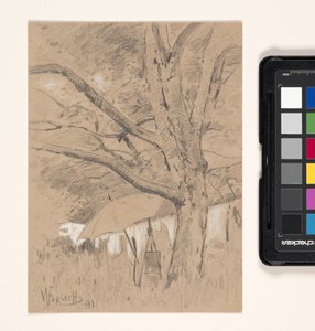Landschaft mit Staffelei und Regenschirm