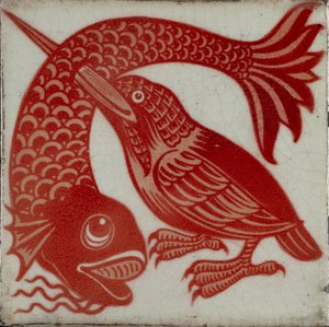 Fliese mit Eisvogel mit Schnabel durch Fisch, 1882-1888 von William Frend De Morgan