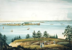 Die Bucht von New York und Governors Island von Brooklyn Heights aus gesehen, 1820-25
