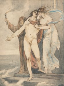 Leander verabschiedet sich von Hero, bevor er zurück über den Hellespont schwimmt von William Hamilton