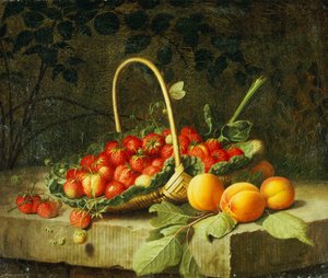 Ein Korb Erdbeeren mit Pfirsichen auf einem Stein Sims, 1856 von William Hammer