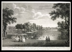 Blick auf den See vom Mittelweg im Garten von West Wycombe, Buckinghamshire, graviert von William Woollett (1735-85)
