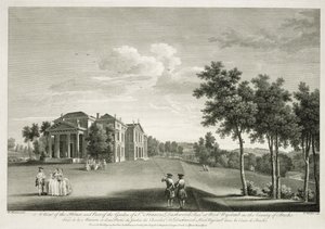 Ansicht des Hauses und eines Teils des Gartens in West Wycombe, Buckinghamshire, graviert von William Woollett