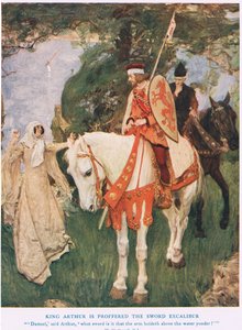 König Arthur wird das Schwert Excalibur angeboten, Illustration aus 