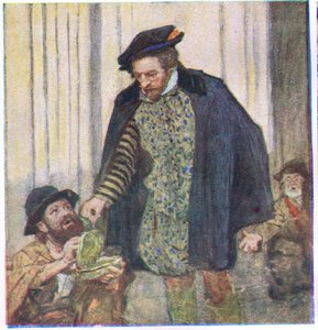 Shakespeare gibt einem Bettler einen Penny, aus My Magazine, veröffentlicht 1922 von William Hatherell