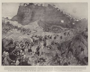 Der Angriff auf den Dargai-Hügel am 20. Oktober, der Pass wird von den Gordon Highlanders, gefolgt von den Dorsetshires, Derbyshires, 3. Sikhs und Gurkhas, gestürmt von William Hatherell